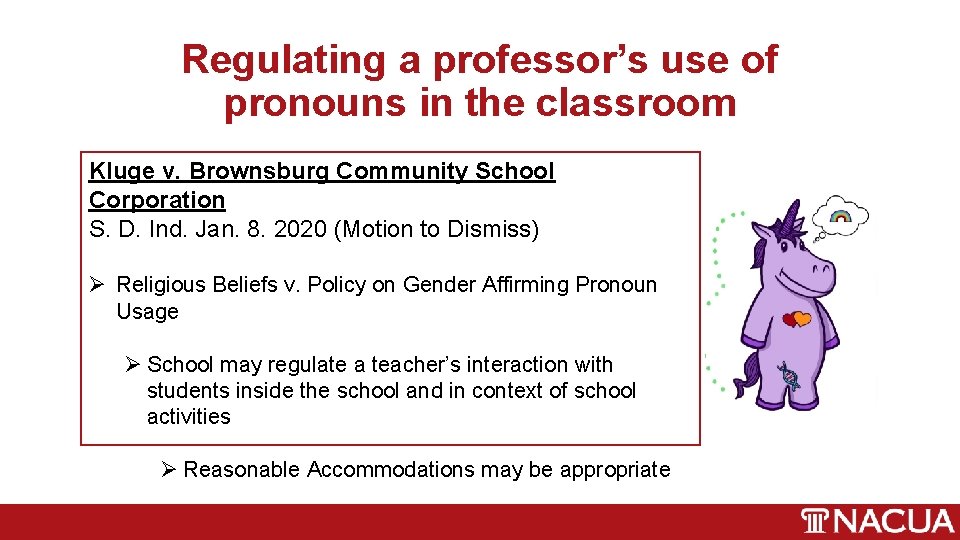 Regulating a professor’s use of pronouns in the classroom Kluge v. Brownsburg Community School