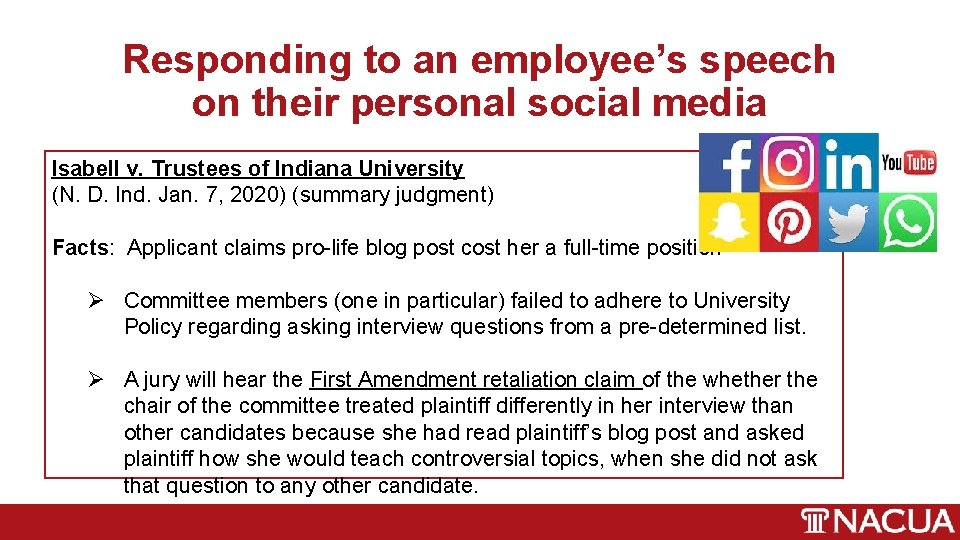 Responding to an employee’s speech on their personal social media Isabell v. Trustees of