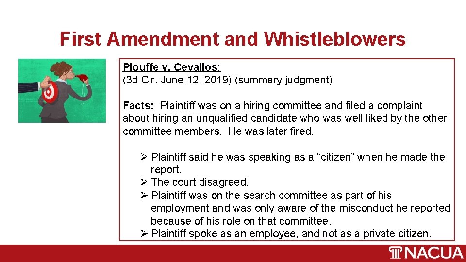 First Amendment and Whistleblowers Plouffe v. Cevallos: (3 d Cir. June 12, 2019) (summary