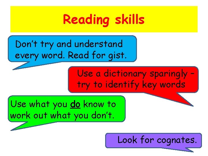 Reading skills Don’t try and understand every word. Read for gist. Use a dictionary