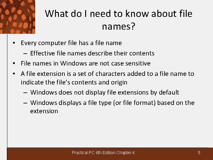 What do I need to know about file names? • Every computer file has