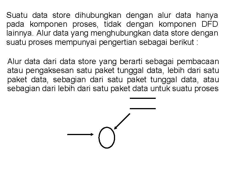 Suatu data store dihubungkan dengan alur data hanya pada komponen proses, tidak dengan komponen