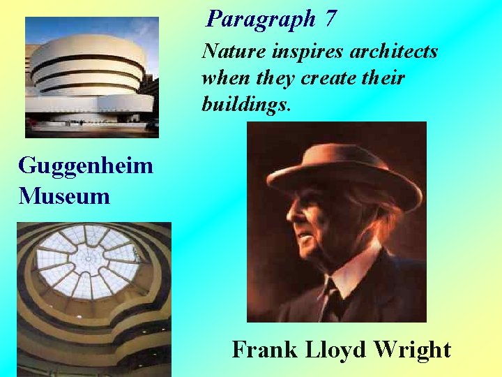 Paragraph 7 Nature inspires architects when they create their buildings. Guggenheim Museum Frank Lloyd