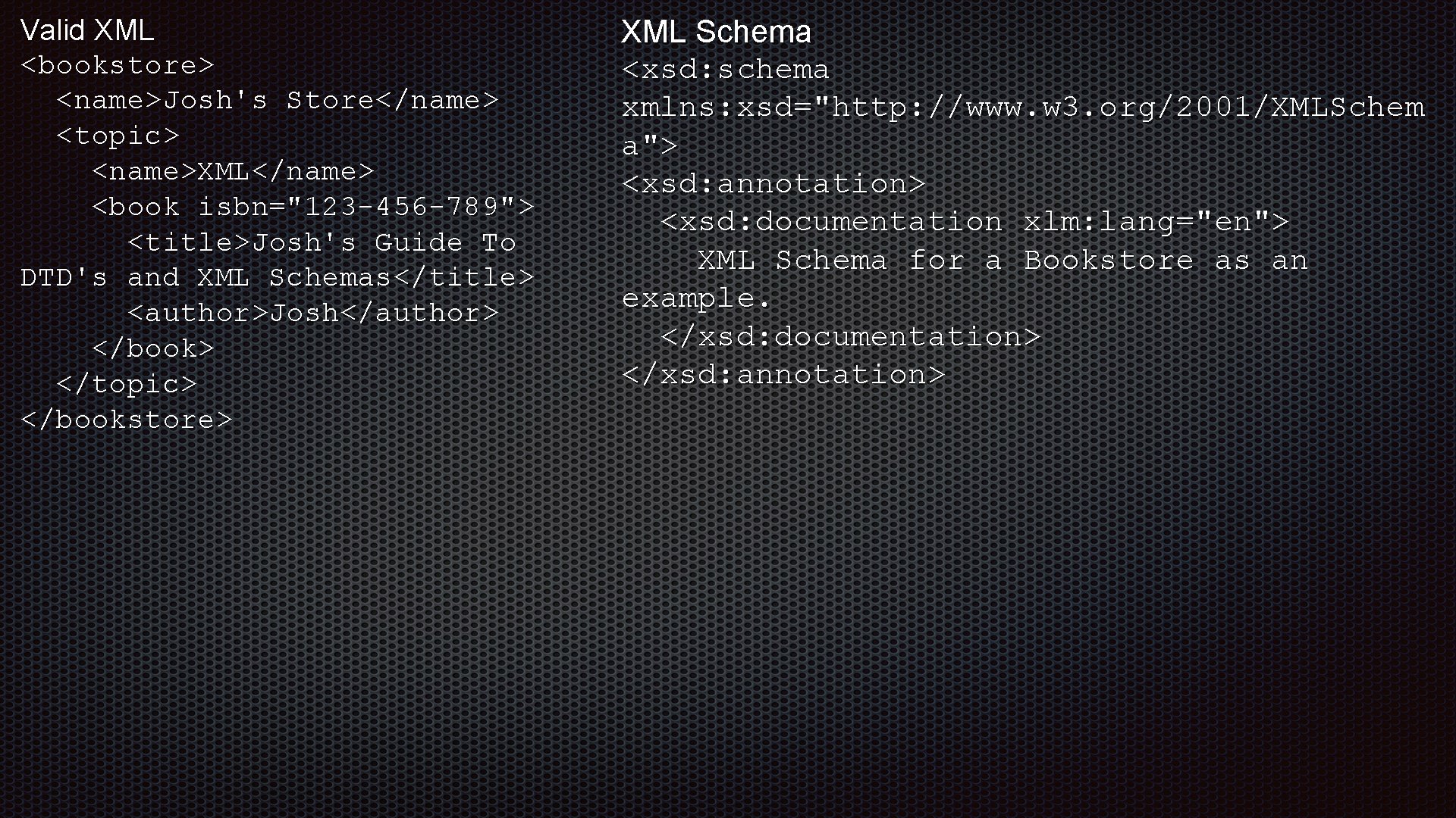 Valid XML <bookstore> <name>Josh's Store</name> <topic> <name>XML</name> <book isbn="123 -456 -789"> <title>Josh's Guide To