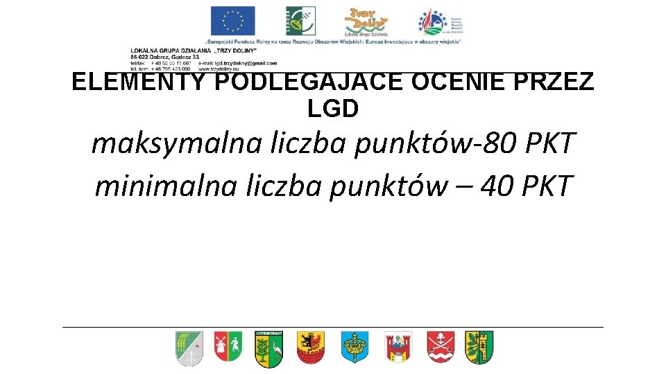 ELEMENTY PODLEGAJACE OCENIE PRZEZ LGD maksymalna liczba punktów-80 PKT minimalna liczba punktów – 40