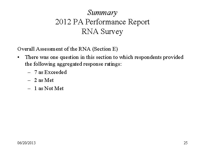 Summary 2012 PA Performance Report RNA Survey Overall Assessment of the RNA (Section E)