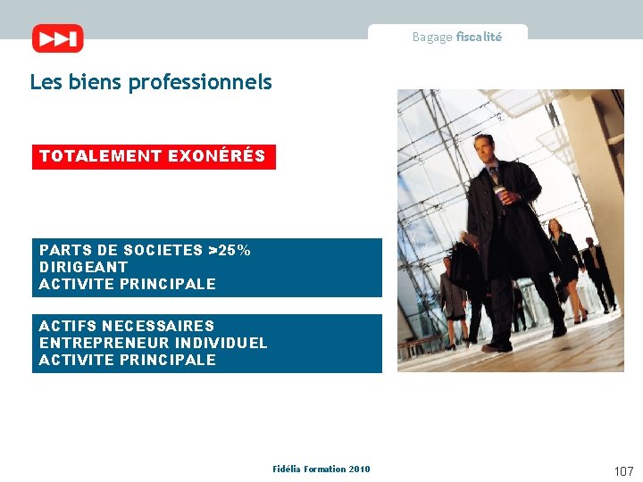 Bagage fiscalité Les biens professionnels TOTALEMENT EXONÉRÉS PARTS DE SOCIETES >25% DIRIGEANT ACTIVITE PRINCIPALE