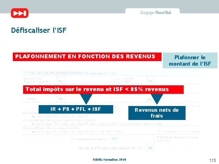 Bagage fiscalité Défiscaliser l’ISF PLAFONNEMENT EN FONCTION DES REVENUS Plafonner le montant de l’ISF