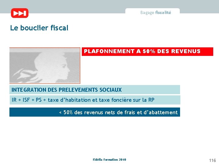 Bagage fiscalité Le bouclier fiscal PLAFONNEMENT A 50% DES REVENUS INTEGRATION DES PRELEVEMENTS SOCIAUX