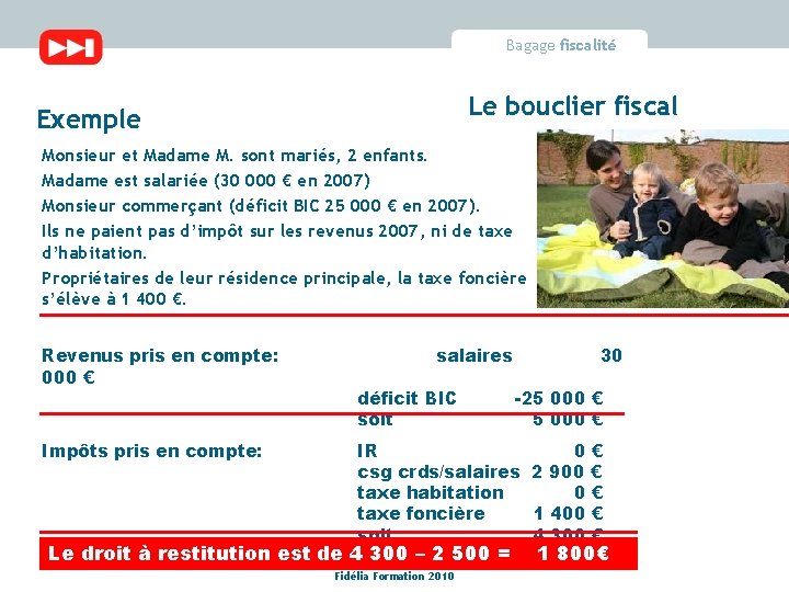 Bagage fiscalité Le bouclier fiscal Exemple Monsieur et Madame M. sont mariés, 2 enfants.