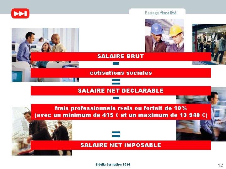 Bagage fiscalité - SALAIRE BRUT cotisations sociales = - SALAIRE NET DECLARABLE frais professionnels