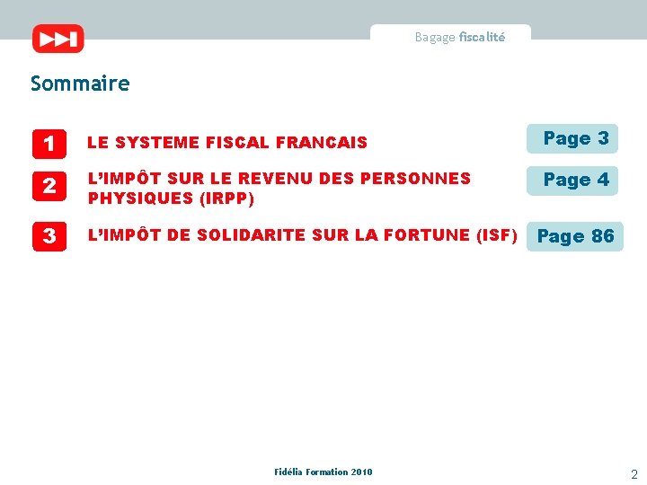 Bagage fiscalité Sommaire 1 LE SYSTEME FISCAL FRANCAIS Page 3 2 L’IMPÔT SUR LE