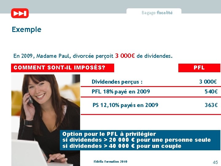 Bagage fiscalité Exemple En 2009, Madame Paul, divorcée perçoit 3 000€ de dividendes. COMMENT