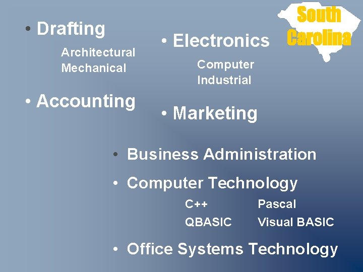  • Drafting Architectural Mechanical • Accounting • Electronics Computer Industrial • Marketing •