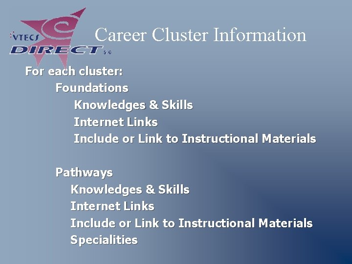 Career Cluster Information For each cluster: Foundations Knowledges & Skills Internet Links Include or