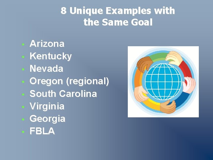 8 Unique Examples with the Same Goal § § § § Arizona Kentucky Nevada