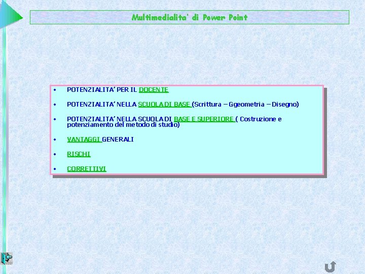 Multimedialita’ di Power Point • POTENZIALITA’ PER IL DOCENTE • POTENZIALITA’ NELLA SCUOLA DI