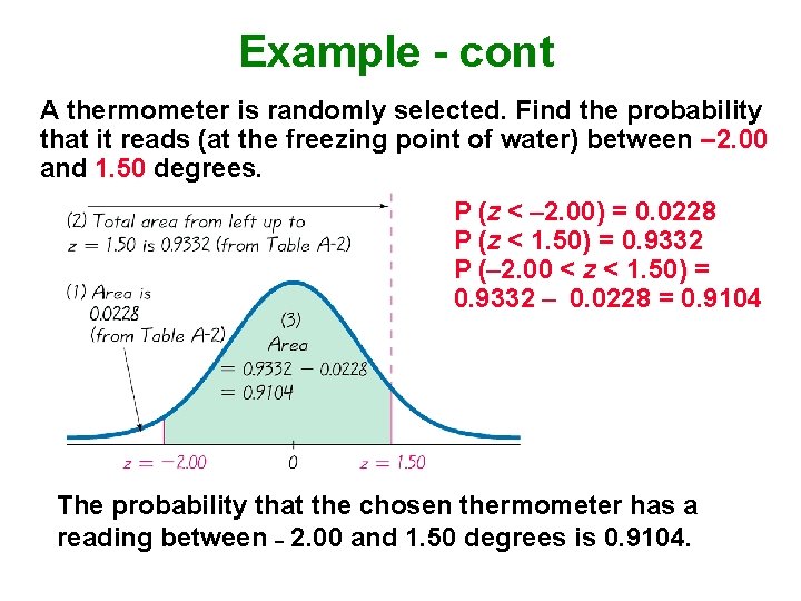 Example - cont A thermometer is randomly selected. Find the probability that it reads