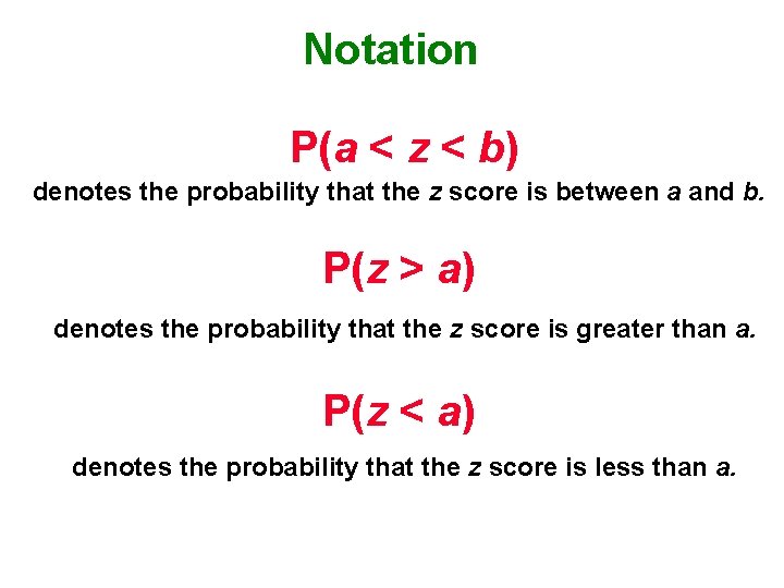 Notation P(a < z < b) denotes the probability that the z score is