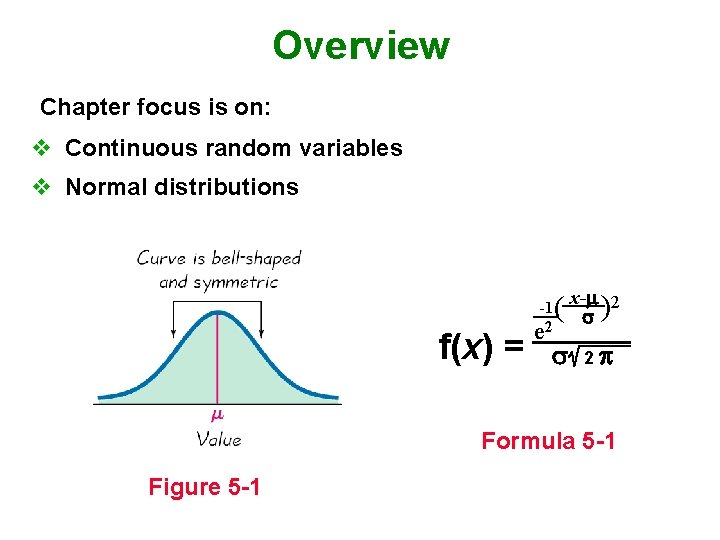 Overview Chapter focus is on: v Continuous random variables v Normal distributions f(x) =