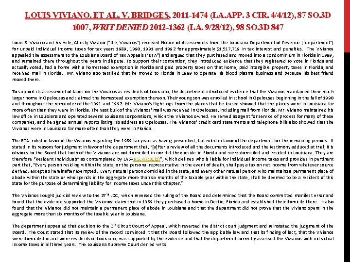 LOUIS VIVIANO, ET AL. V. BRIDGES, 2011 -1474 (LA. APP. 3 CIR. 4/4/12), 87