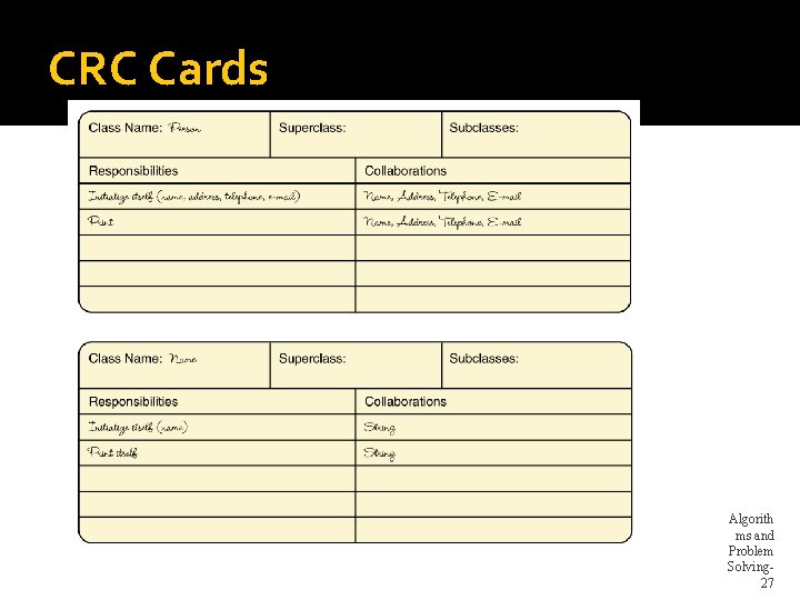 CRC Cards Algorith ms and Problem Solving 27 