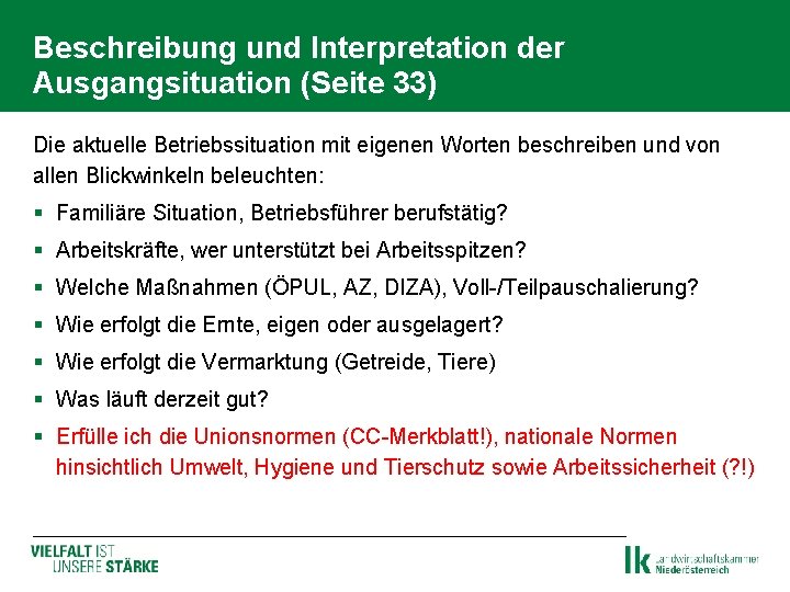 Beschreibung und Interpretation der Ausgangsituation (Seite 33) Die aktuelle Betriebssituation mit eigenen Worten beschreiben Beschreibung und Interpretation der Ausgangsituation (Seite 33) Die aktuelle Betriebssituation mit eigenen Worten beschreiben