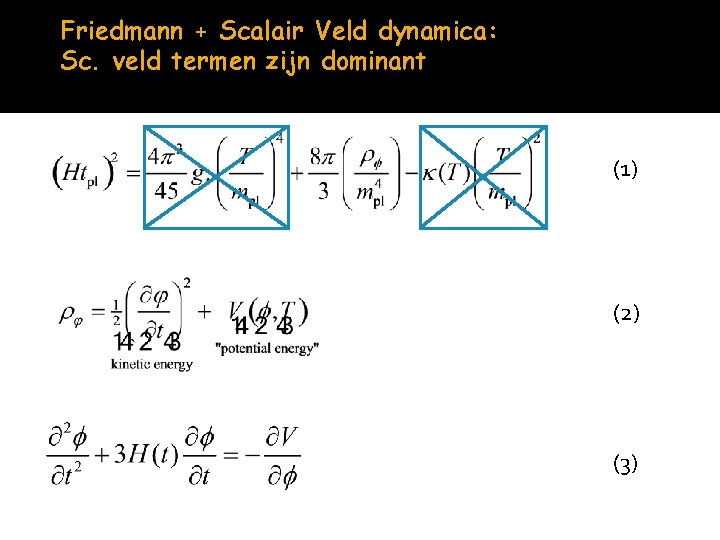 Friedmann + Scalair Veld dynamica: Sc. veld termen zijn dominant (1) (2) (3) 