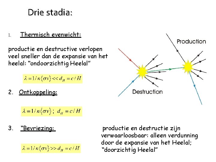 Drie stadia: 1. Thermisch evenwicht: productie en destructive verlopen veel sneller dan de expansie