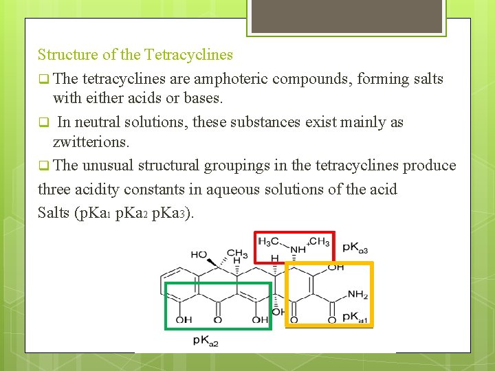 Structure of the Tetracyclines q The tetracyclines are amphoteric compounds, forming salts with either