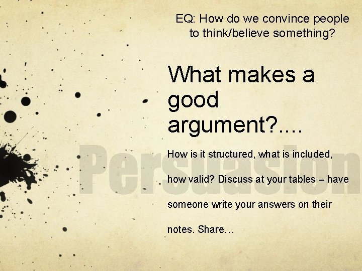 EQ: How do we convince people to think/believe something? What makes a good argument?