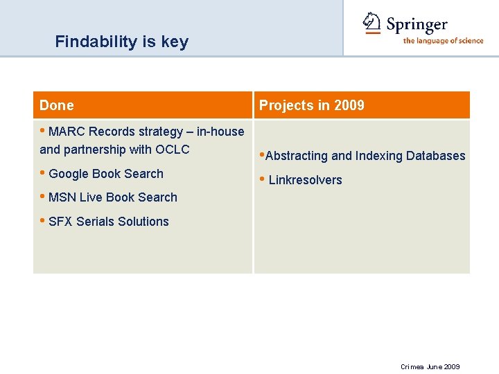 Findability is key Done Projects in 2009 • MARC Records strategy – in-house and