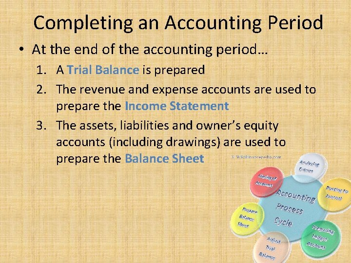 Completing an Accounting Period • At the end of the accounting period… 1. A
