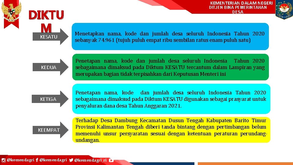 DIKTU M @kemendagri KEMENTERIAN DALAM NEGERI DITJEN BINA PEMERINTAHAN Ditjen Bina Pembangunan Daerah DESA