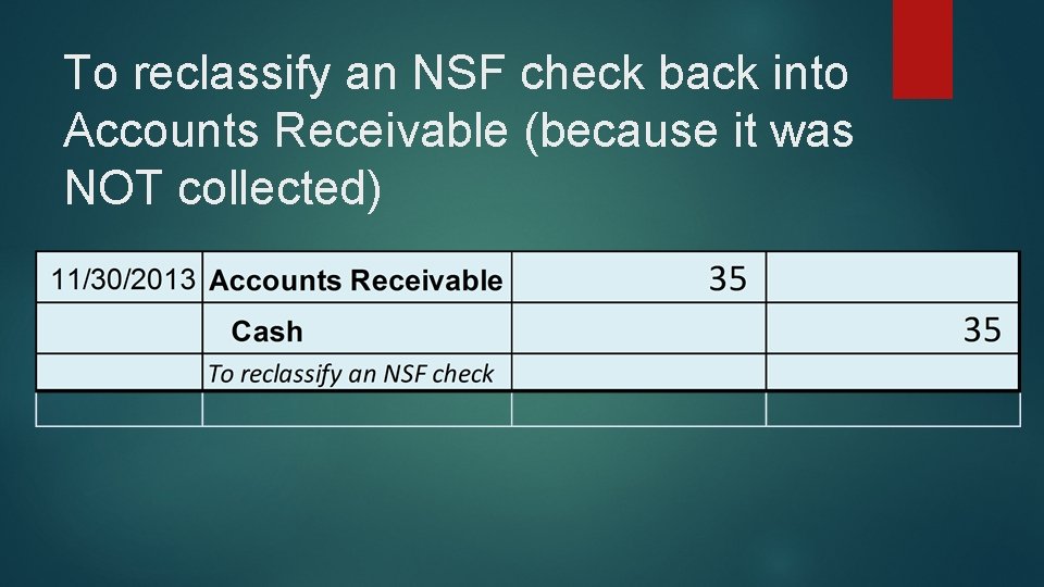 To reclassify an NSF check back into Accounts Receivable (because it was NOT collected)