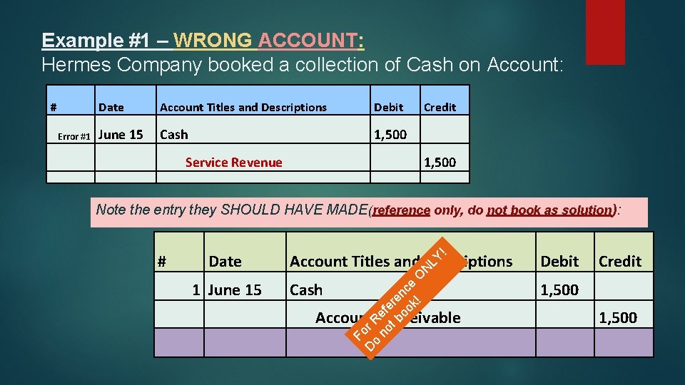 Example #1 – WRONG ACCOUNT: Hermes Company booked a collection of Cash on Account: