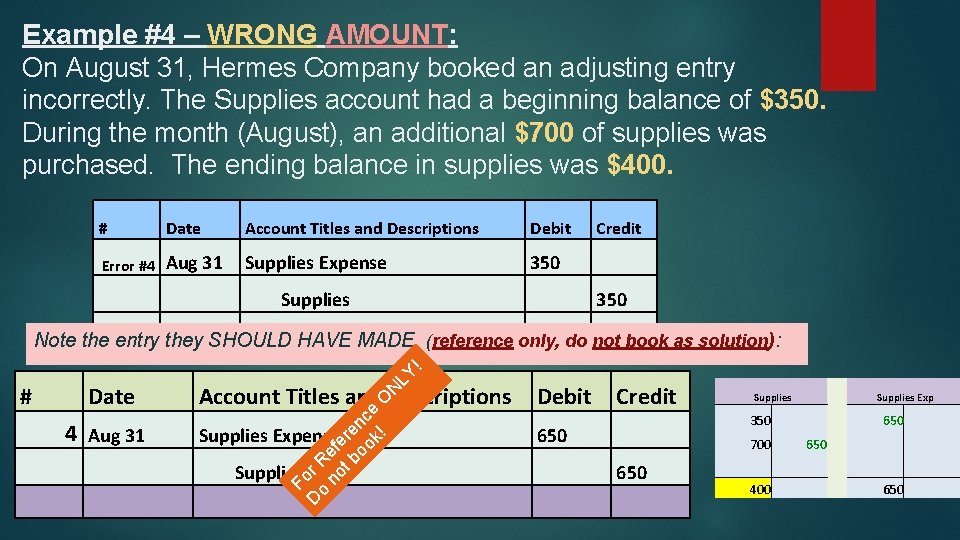 Example #4 – WRONG AMOUNT: On August 31, Hermes Company booked an adjusting entry