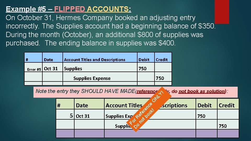 Example #5 – FLIPPED ACCOUNTS: On October 31, Hermes Company booked an adjusting entry