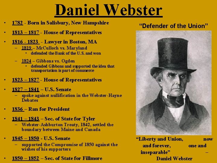Daniel Webster • 1782 - Born in Salisbury, New Hampshire • 1813 – 1817