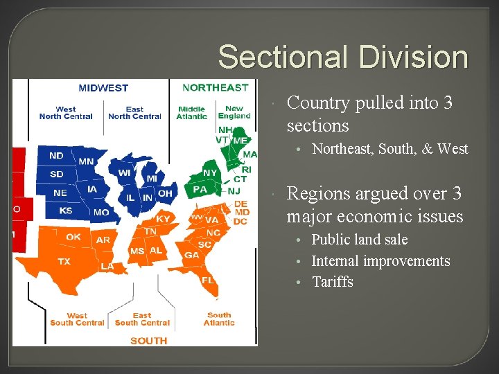 Sectional Division Country pulled into 3 sections • Northeast, South, & West Regions argued