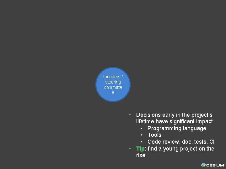 founders / steering committe e • Decisions early in the project’s lifetime have significant