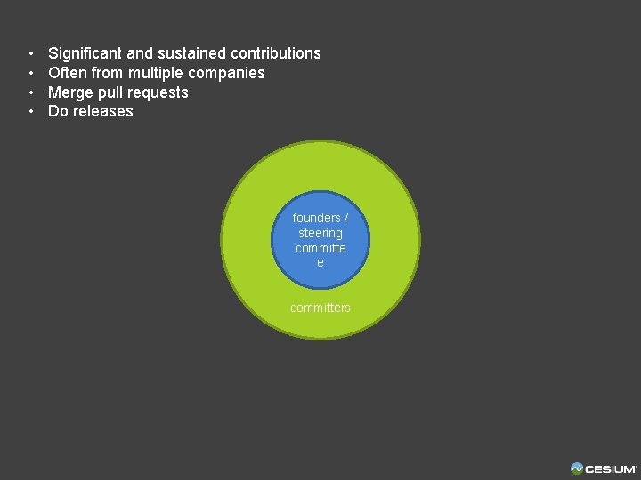  • • Significant and sustained contributions Often from multiple companies Merge pull requests