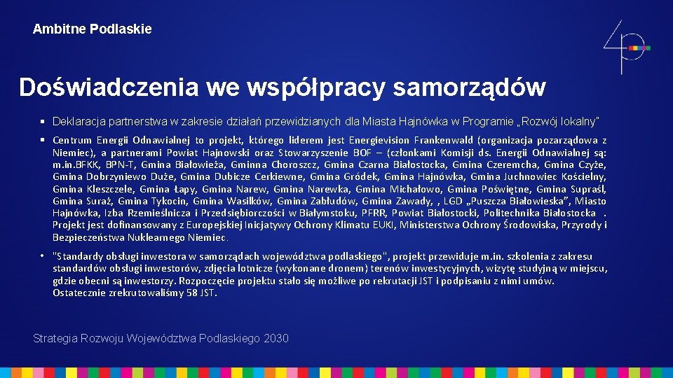 Ambitne Podlaskie Doświadczenia we współpracy samorządów § Deklaracja partnerstwa w zakresie działań przewidzianych dla