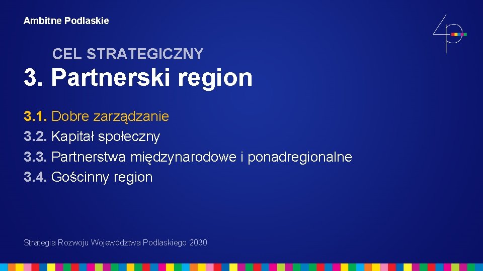 Ambitne Podlaskie CEL STRATEGICZNY 3. Partnerski region 3. 1. Dobre zarządzanie 3. 2. Kapitał