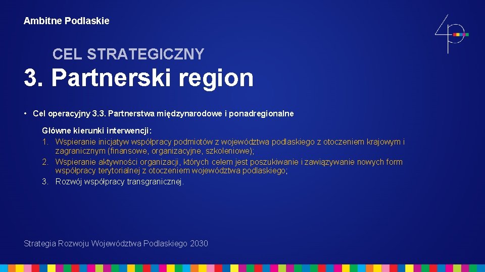 Ambitne Podlaskie CEL STRATEGICZNY 3. Partnerski region • Cel operacyjny 3. 3. Partnerstwa międzynarodowe