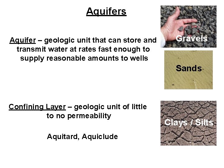 Aquifers Aquifer – geologic unit that can store and transmit water at rates fast