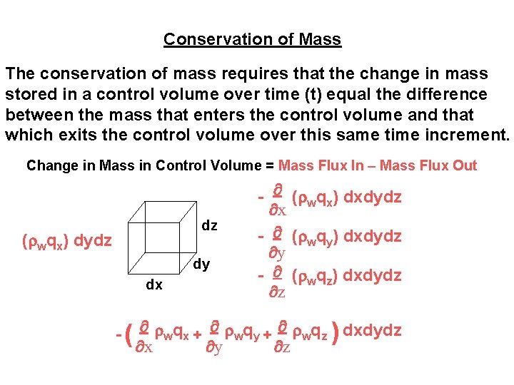 Conservation of Mass The conservation of mass requires that the change in mass stored