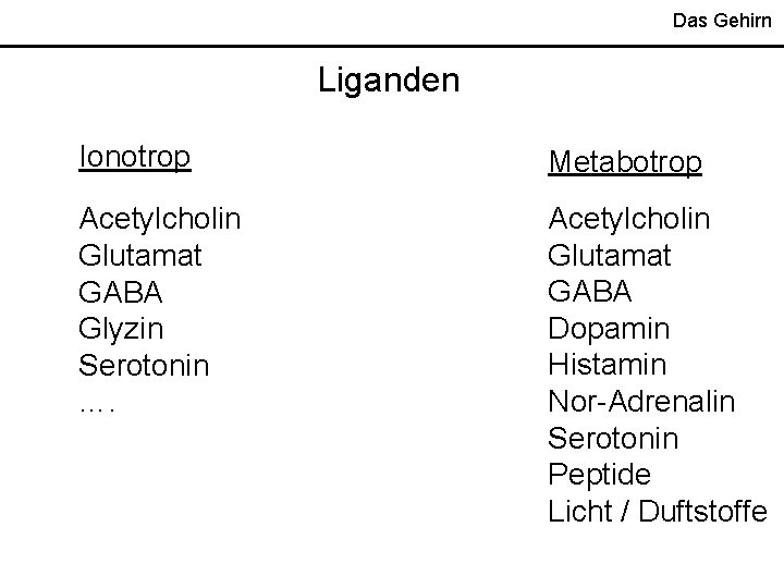Das Gehirn Liganden Ionotrop Metabotrop Acetylcholin Glutamat GABA Glyzin Serotonin …. Acetylcholin Glutamat GABA Das Gehirn Liganden Ionotrop Metabotrop Acetylcholin Glutamat GABA Glyzin Serotonin …. Acetylcholin Glutamat GABA
