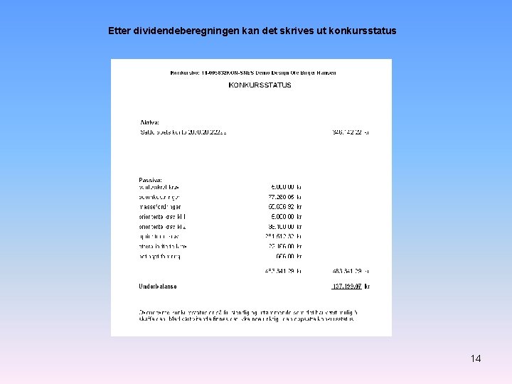 Etter dividendeberegningen kan det skrives ut konkursstatus 14 