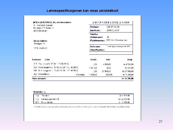 Lønnsspesifikasjonen kan vises umiddelbart 21 